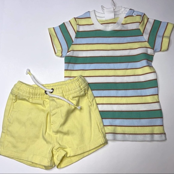 Infants NWT Seed Baby Outfit Mint And Yellow Stripe Shorts Set 0-3 M ~ - Picture 1 of 2